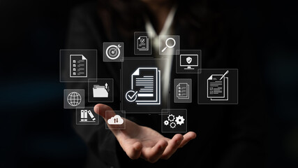 Concept of corporate compliance and quality control. Following a checklist and adhering to company policy and regulatory standards, confirmed by an official audit documentation. Fermion