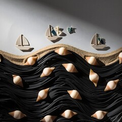 Obraz premium Creative Beach Scene with Paper Boats and Seashells on Sand Tray