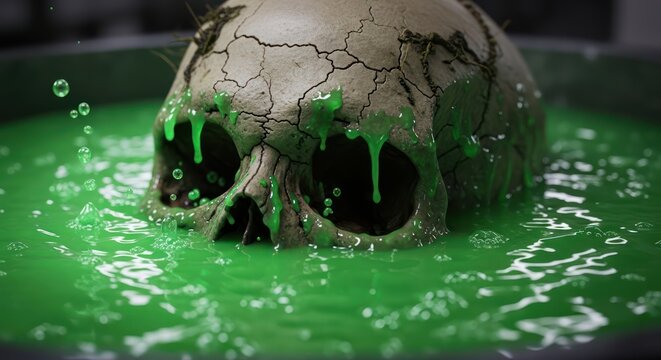 Macabre immersion: A skull bathing in eerie luminescent fluid a disturbing halloween artwork