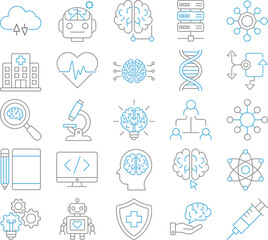 Digital health care icon set in thin line style, vector illustration of medical, treatment, consultation, online checkup, virtual clinic, doctor, pharmacy, patient, technology, diagnosis, software.