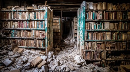 Fototapeta premium Decayed library shelves filled with ancient books.