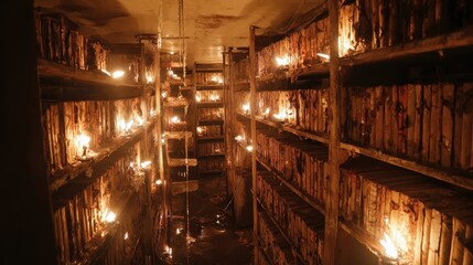 Aged books line numerous, decaying shelves in a dimly lit, underground library.