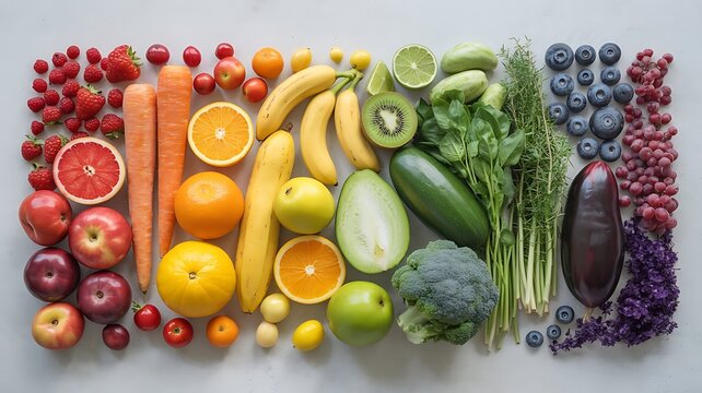 Colorful assortment of fresh fruits and vegetables in a row - Powered by Adobe