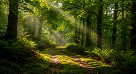 Obraz premium Sunlight filtering through the trees illuminating a mossy path in a lush green forest scene