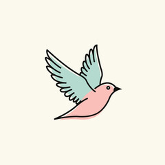 Pastel colored bird flying with its wings spread on a beige background