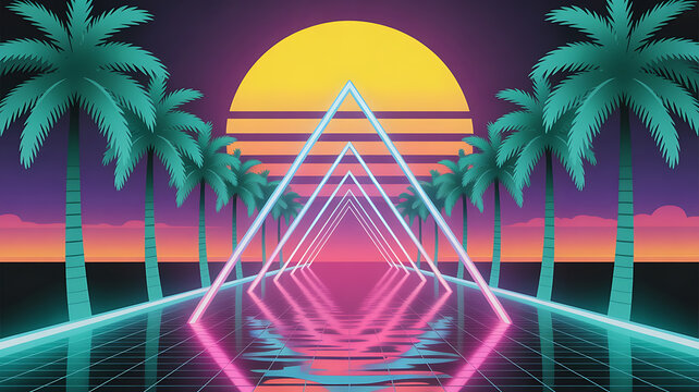 Retro Futuristic Sunset with Palm Trees and Neon Lights, Vaporwave-style digital artwork featuring a glowing sunset, symmetrical palm trees, neon triangular light structures, and a reflective grid 