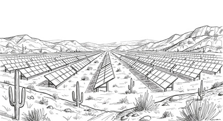 Solar farm with rows of panels in dry valley under mountains  