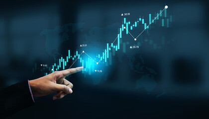 Stock market analysis with candlestick chart and price movement trend line, highlighting global...