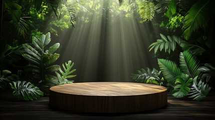 A round wooden podium with a tropical jungle background, with light rays shining down from the top. Perfect for eco products, organic branding, or lifestyle presentations.