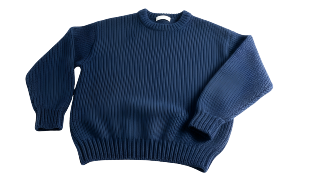 Dark blue knit pullover garment displays prominent vertical ribbing texture against a solid black background