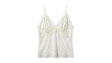 Delicate white camisole top featuring intricate lace detailing photographed against a solid dark background