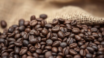Fototapeta premium Roasted Coffee Beans Close-up: Aromatic roasted coffee beans spill from a rustic burlap sack, filling the frame with rich color and texture, capturing the essence of the morning ritual.