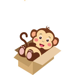 Cute Cartoon Monkey Lying Inside A Cardboard Box With Pink Cheeks And A Curled Tail On A Transparent Background