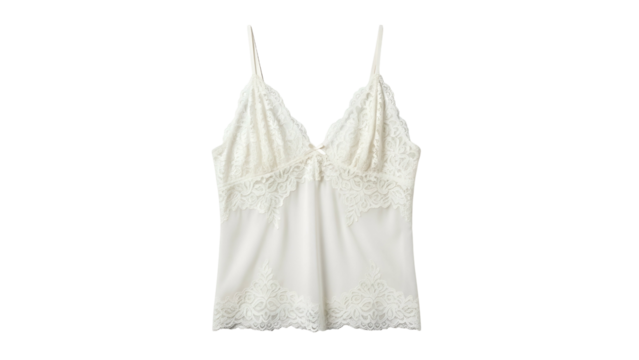 Delicate white camisole top featuring intricate lace detailing photographed against a solid dark background