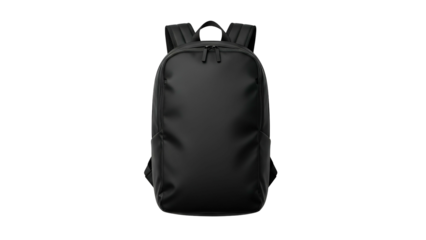 Minimalist black backpack shown floating against a solid dark background