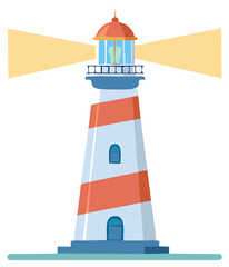 Red and White Striped Lighthouse Shining a Beacon of Light Nautical Vector Illustration for Guidance