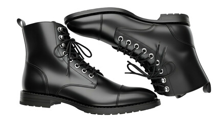 Polished black leather lace up boots display against a dark background