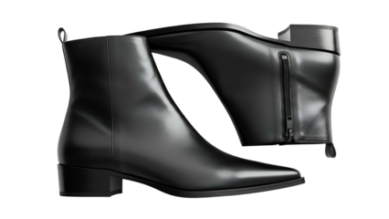 Elegant black leather ankle boots displayed against a stark black background