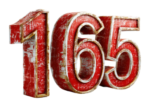 Artistic display of vintage red number 165 urban location isolated on transparent background