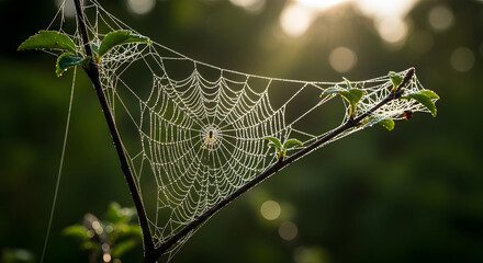 A spiderweb covered in dew hangs between branches with green leaves against a blurred background