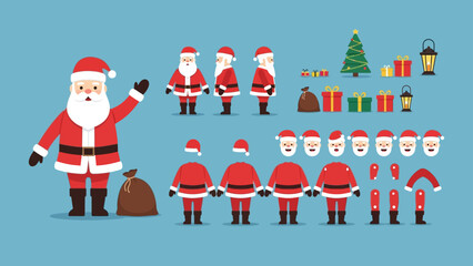 Cartoon Santa Claus Character Design with Christmas Elements on Blue Background