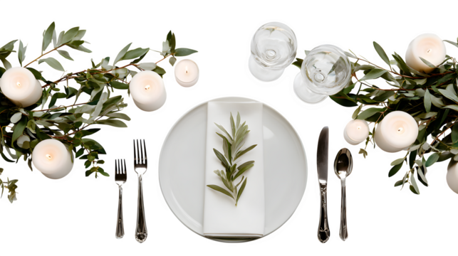 Elegant Table Setting with Candles and Olive Branches, isolated on transparent background
