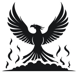 Fototapeta premium Mythical phoenix bird silhouette rising from flames and smoke with outstretched wings