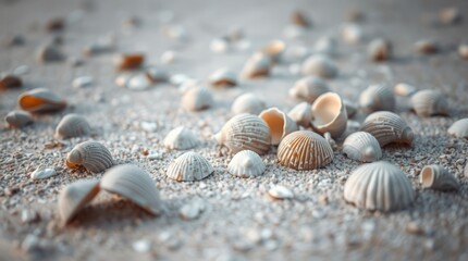 Seashells on Sandy Shores: A captivating close-up reveals a collection of intricate seashells scattered across a textured sandy surface, evoking the serene ambiance of a coastal paradise.