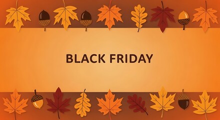 Black Friday Banner: A festive Black Friday banner, adorned with colorful autumn leaves and acorns, announces the highly anticipated shopping event, framed against a warm, inviting orange backdrop.
