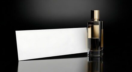 Elegant Perfume: A sleek, modern perfume bottle, paired with a blank card, exudes sophistication against a dramatic black background, perfect for showcasing your unique message.