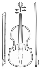 Violin and bow outline illustration, classic string instrument, isolated on white