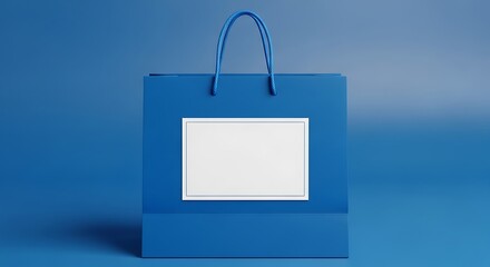 Blue Shopping Bag: A solitary blue shopping bag stands poised, ready to carry goods, with an inviting, customizable rectangular space.