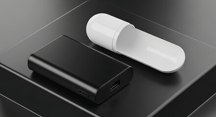 Sleek Tech: A minimalist design showcases a sleek, black rectangular power bank and a clean, white minimalist pet water bottle, capturing the essence of innovation and functionality.