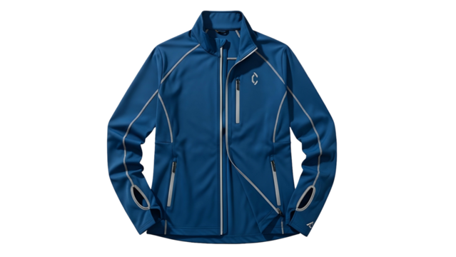 Functional athletic outerwear jacket displaying contrast piping against a dark backdrop