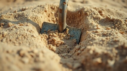 Digger in Sandy Ground: A close-up shot of a shovel stuck firmly into a pile of sand, the scene suggests the action of digging, cultivation and hard work.