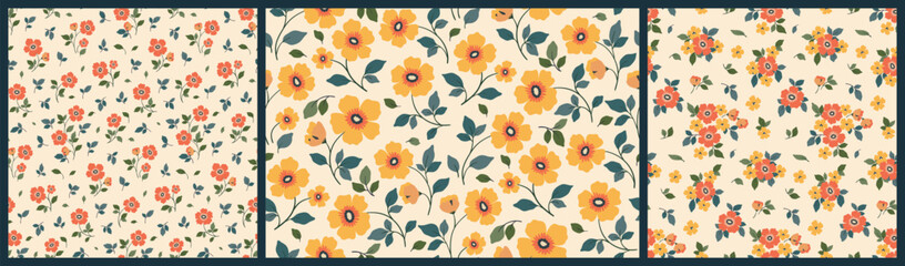 Seamless floral pattern, liberty ditsy print in folk motif. Romantic botanical design collection of small hand drawn plants, cute yellow daisy flowers, tiny leaves, simple bouquets Vector illustration © Yulya i Kot