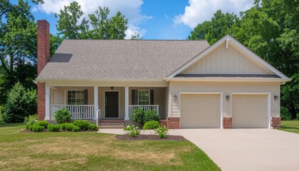 Suburban Ranch Style Home with Covered Porch and Two Car Garage