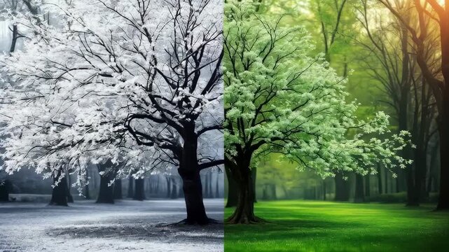 Tree Divided Into Winter Frost And Spring Green Foliage In A Forest Setting With Warm Sunlight Dappling The Grassy Ground