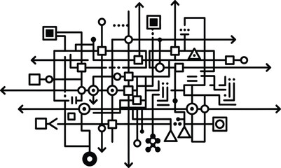 Intricate abstract black and white network of interconnected lines, arrows, and geometric shapes, symbolizing a complex digital system, quantum computing circuit, or massive data flow labyrinth.