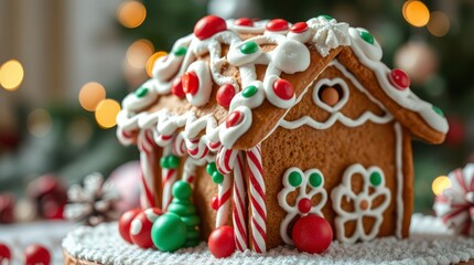 Festive Gingerbread House: A meticulously crafted gingerbread house, adorned with colorful candies and frosting, sits as a symbol of holiday cheer and sweet tradition. The scene evokes warmth, family.