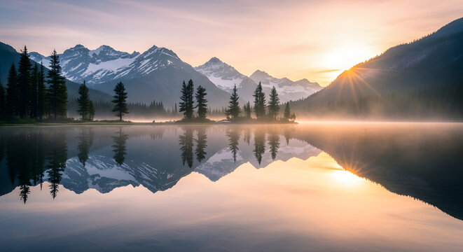A serene mountain lake reflecting the snow capped peaks and trees at sunrise with morning mist rising