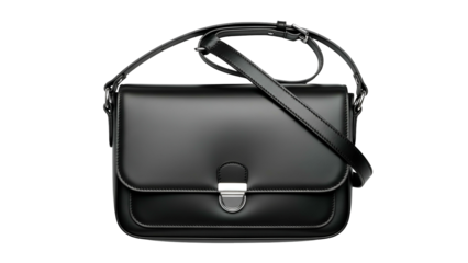 Elegant black leather messenger bag displays against a dark background