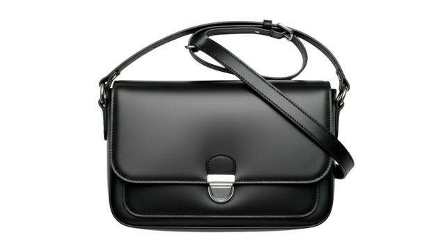 Elegant black leather messenger bag displays against a dark background