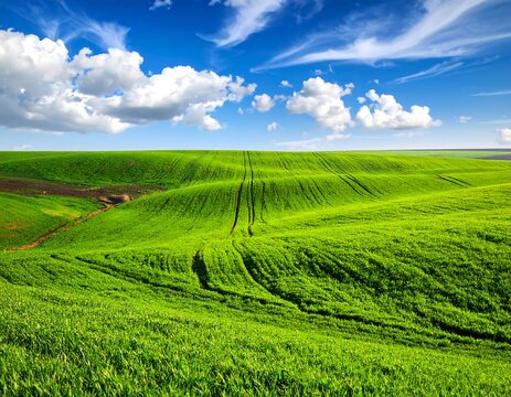 Lush green rolling hills beneath a vibrant blue sky with fluffy clouds