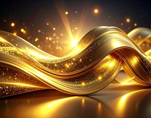 Abstract golden ribbon design with radiant light and shimmering particles