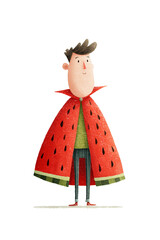 Watercolor illustration of boy character wearing large red watermelon cape with seeds. Whimsical kids' character with green undershirt and spiky hair for children's book illustration