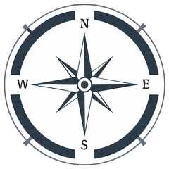 Detailed compass rose illustration in navy blue with directional points, navigation symbol