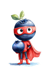 Watercolor illustration of cute blueberry fruit superhero with red cape and mask. Character holding small blueberry and green leaf, big eyes with red mask for children's book illustration and playful 
