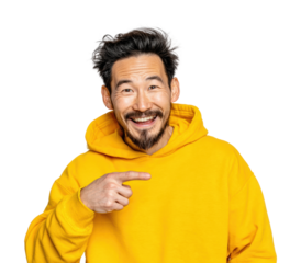 Joyful man pointing in yellow hoodie portrait isolated on transparent background