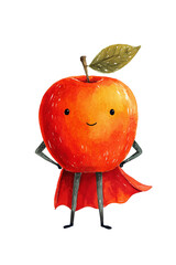 Watercolor illustration of cute apple fruit superhero with red cape and smile. Red and yellow fruit character with green leaf and legs for children's book illustration and playful kids' character 